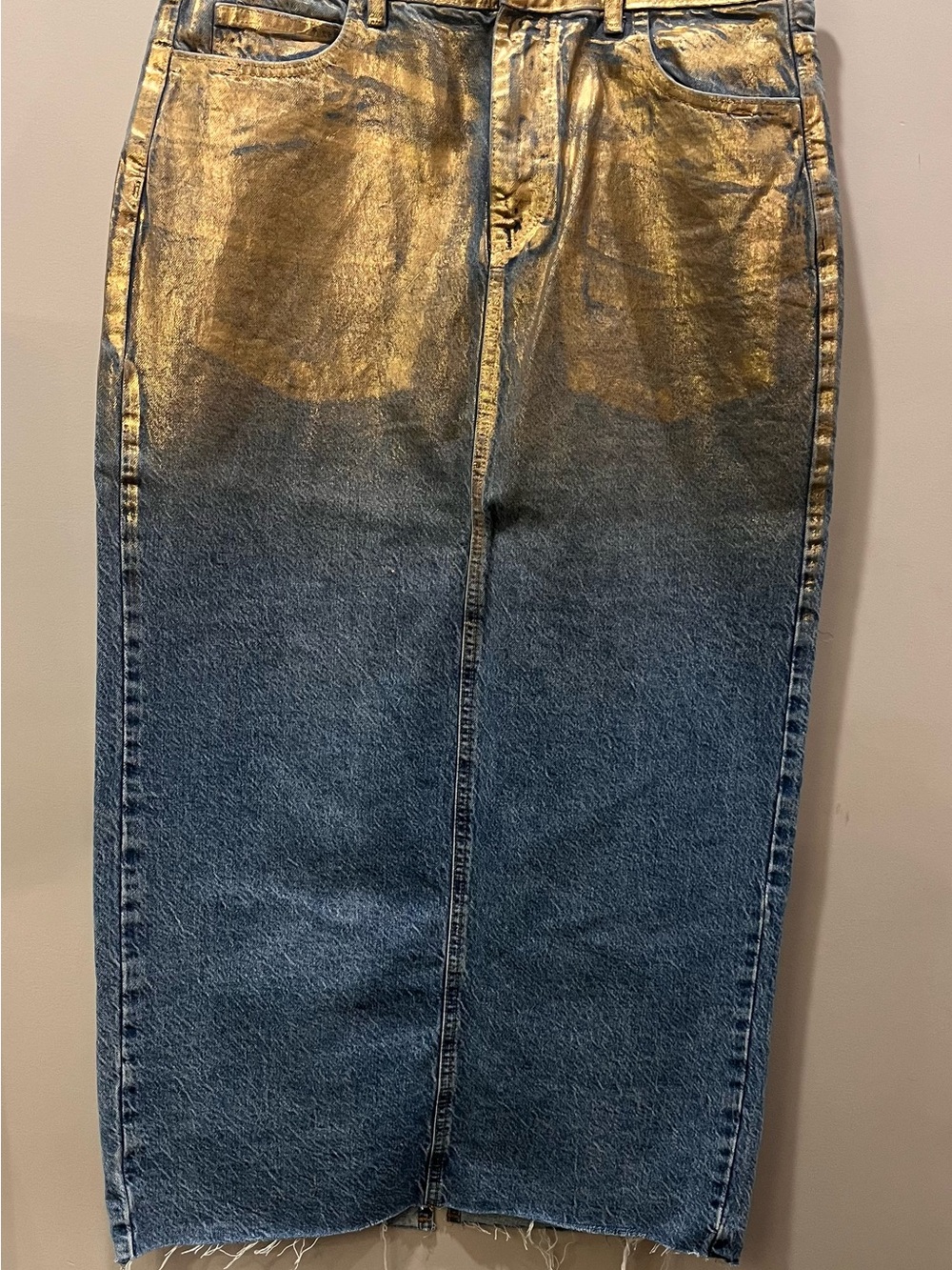 Zara Blue Denim Midi Skirt with Gold Accent